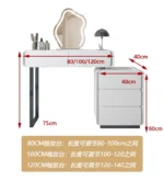 Modern makeup vanity table with mirror and storage drawer in bedroom setting