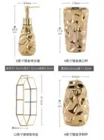 Goldoma golden ceramic lotion bottle and soap dispenser side by side, close-up of pumps.