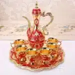European Style Tea Set 6 Luxury Coffee Cup Vintage Metal Turkish Coffee Pot Set Craft Tea Tray and Teapot for Serving Tea