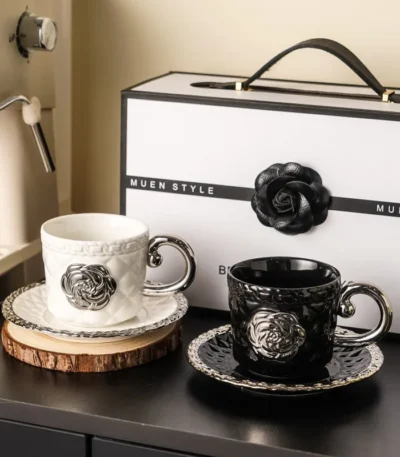 3D Camellia Embossed Ceramic Coffee Cup with Saucer Set, Luxury Mug, Vintage Floral Tea Cup 300ml, Gift for Her Home &