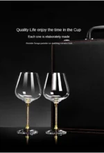 Elegant crystal wine glass set on a wooden table with soft lighting