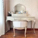 Nordic dressing table with mirror and stool in white solid wood finish