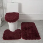 Plush bathroom rug set with toilet lid cover and mat in a cozy bathroom