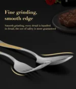 Elegant gold flatware set with steak knife, fork, and spoon on a dark table