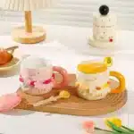 Girls Household Lovely Flower Ceramic Cup with Lid Spoon Advanced Mug Tulip Cup – close-up detail