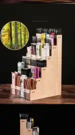 Wood Acrylic Pen Holder with Price Slot Stationery Storage Rack Brush Case Organizer Supermarket Display Stand Cosmetic