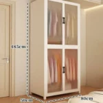 Minimalist open wardrobe closet with metal frame in a modern bedroom setting