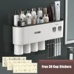 Automatic Toothpaste Dispenser Magnetic Adsorption Inverted Toothbrush Holder With Cup Toothpaste Bathroom Storage Rack Set