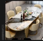 Modern oval marble dining table with gold stainless steel legs seating 6-8 people - Goldoma