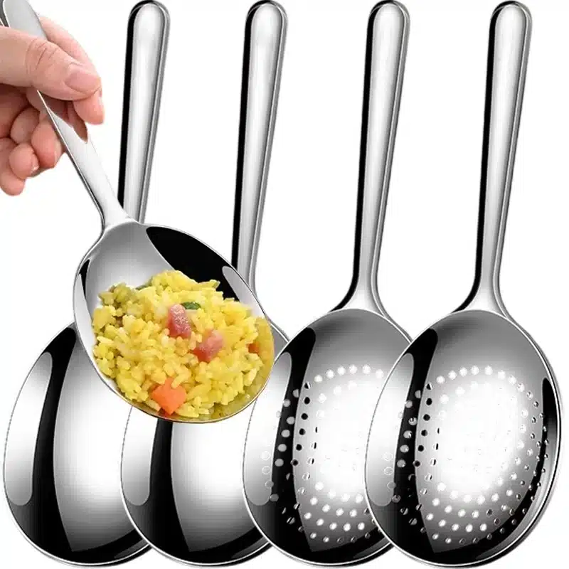 Stainless Steel Round Spoon Ladles Dining Soup Rice Spoon with Drain Hole Heat Insulated Handle Kitchen Utensils Serving