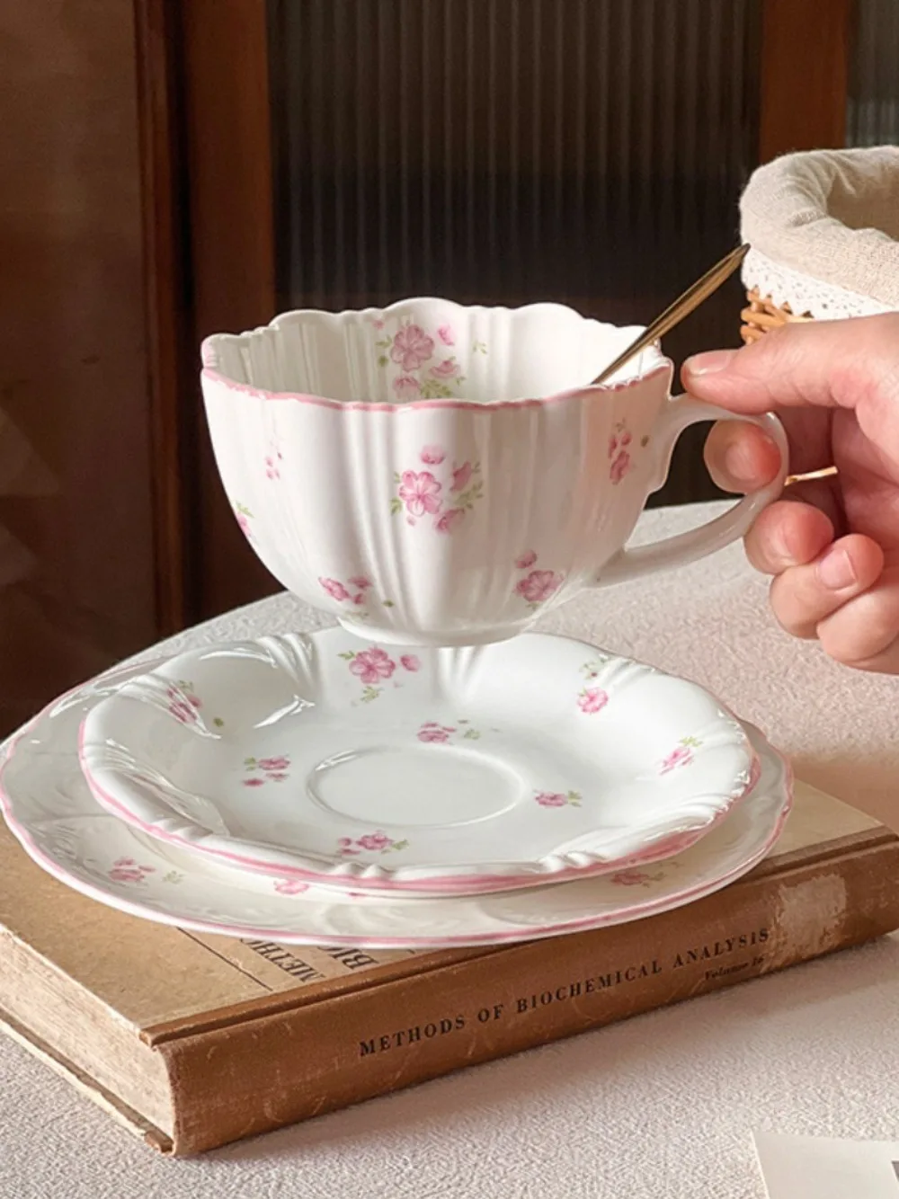 European Pink Cherry Blossoms Mugs Porcelain Cup&saucer Tableware Coffee Mug Dining Table Afternoon Tea Teacup Fruits Juice Cup