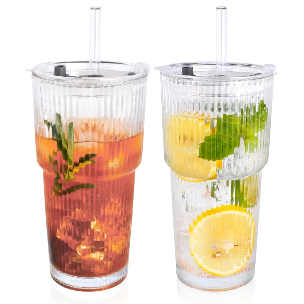 Glass Tumbler, 2-Pack Iced Coffee Cups with Straws, Modern Glass Mug for Cold & Hot Beverages, for Smoothies, Tea, and