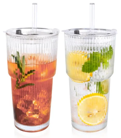 Glass Tumbler, 2-Pack Iced Coffee Cups with Straws, Modern Glass Mug for Cold & Hot Beverages, for Smoothies, Tea, and
