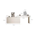 White minimalist wood dresser with mirror and stool in modern bedroom setting