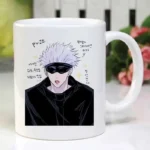 Anime coffee mug with Jujutsu Kaisen Gojo Satoru surrounded by water design on white ceramic