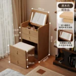 Wooden makeup vanity with mirror and stool in a modern bedroom setting