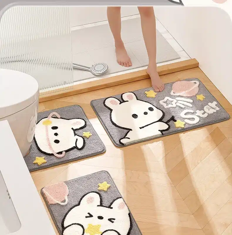 Cute Cartoon Rabbit Bath Mat Set High Quality Flocking Bathroom Non-slip Absorbent Bathroom Rug Shower Room Door Mat Carpet