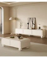 Nordic wood TV stand with drawers in a modern living room corner, featuring clean lines and ample storage