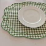 Wave Edge Embroidered Checkered Placemat 4PCS Cotton and Linen Reusable Wedding Party Desktop Decoration – top view