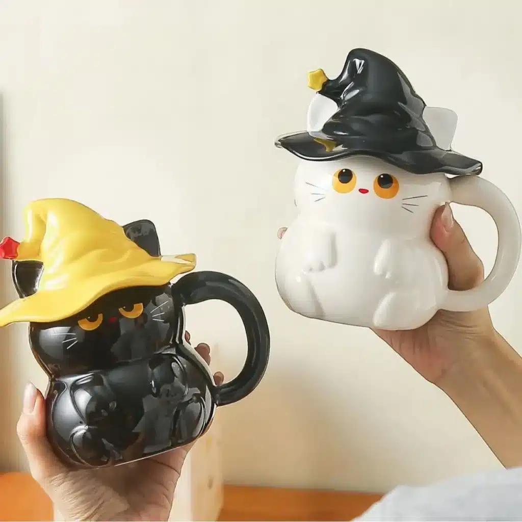 450ml Dreamy Ghost Cat Ceramic Mug with Lid – Cartoon Anime Style Couples' Cup/Holiday Gift, Unisex Cute Drinkware