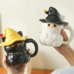 450ml Dreamy Ghost Cat Ceramic Mug with Lid – Cartoon Anime Style Couples' Cup/Holiday Gift, Unisex Cute Drinkware
