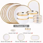 Nordic Style Gold Inlay Bright White Porcelain Dinner Sets Ceramic Bowl Dish Plates Set Porcelain Dinnerware For Household