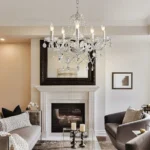 Elegant crystal chandelier illuminating a modern living room with sparkling light