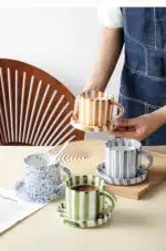 Simple Striped Ceramic Teacup Hotel Café Porcelain Coffee Cup 280ml Office Mug Breakfast Bread Dessert Mug Gift Table