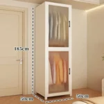 Minimalist open wardrobe closet with metal frame in a modern bedroom setting