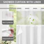 No Hook Shower Curtain with Snap in Fabric Liner Set Less Time White Waffle Shower Curtain for Bathroom – side view