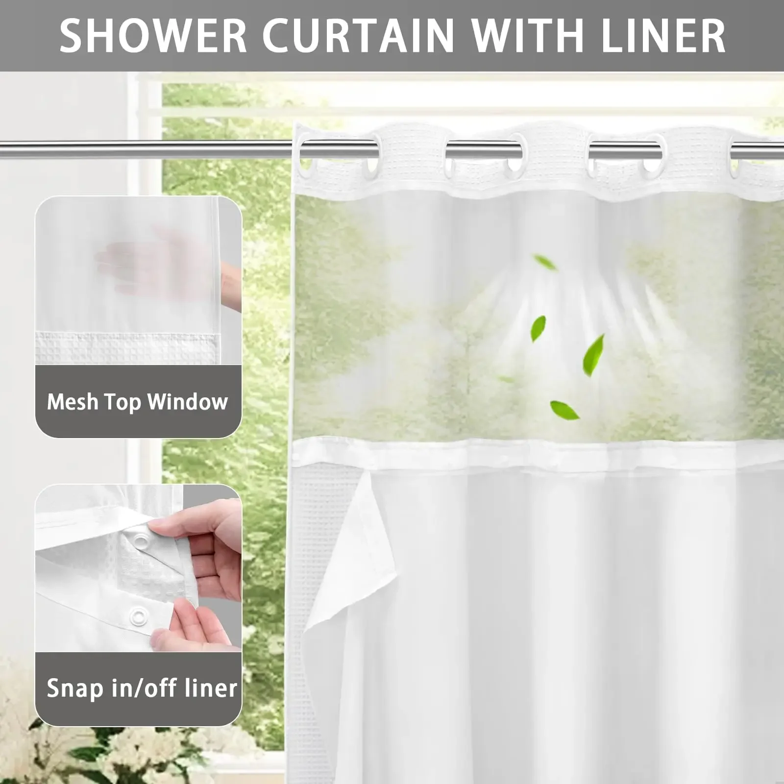 No Hook Shower Curtain with Snap in Fabric Liner Set Less Time White Waffle Shower Curtain for Bathroom