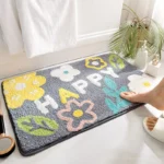Green leaves flocking non slip bath mat on bathroom floor
