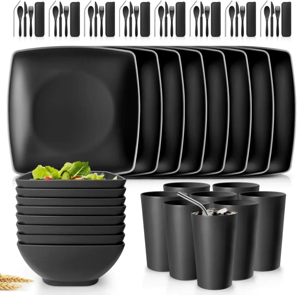 56-piece With Flatware Kitchen Plastic Wheat Straw Square Dinnerware Set for 8, Unbreakable Dinner Plates, Snack Bowls,