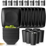 56-piece With Flatware Kitchen Plastic Wheat Straw Square Dinnerware Set for 8, Unbreakable Dinner Plates, Snack Bowls,