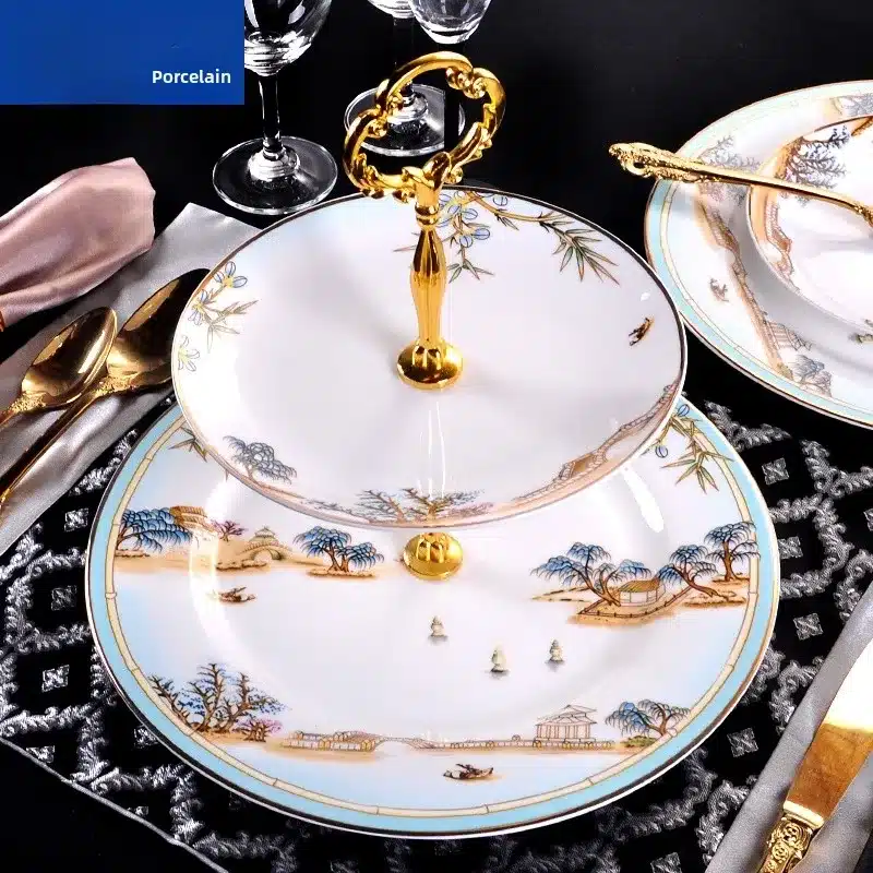 European Style Ceramic Double Layered Tray Fruit And Candy Plate Afternoon Tea Cake Stand Three Tier Dessert Holder Serving Tray