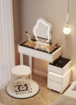 Luxury modern dressing table with mirror and stool in bedroom setting featuring compact vanity with drawers