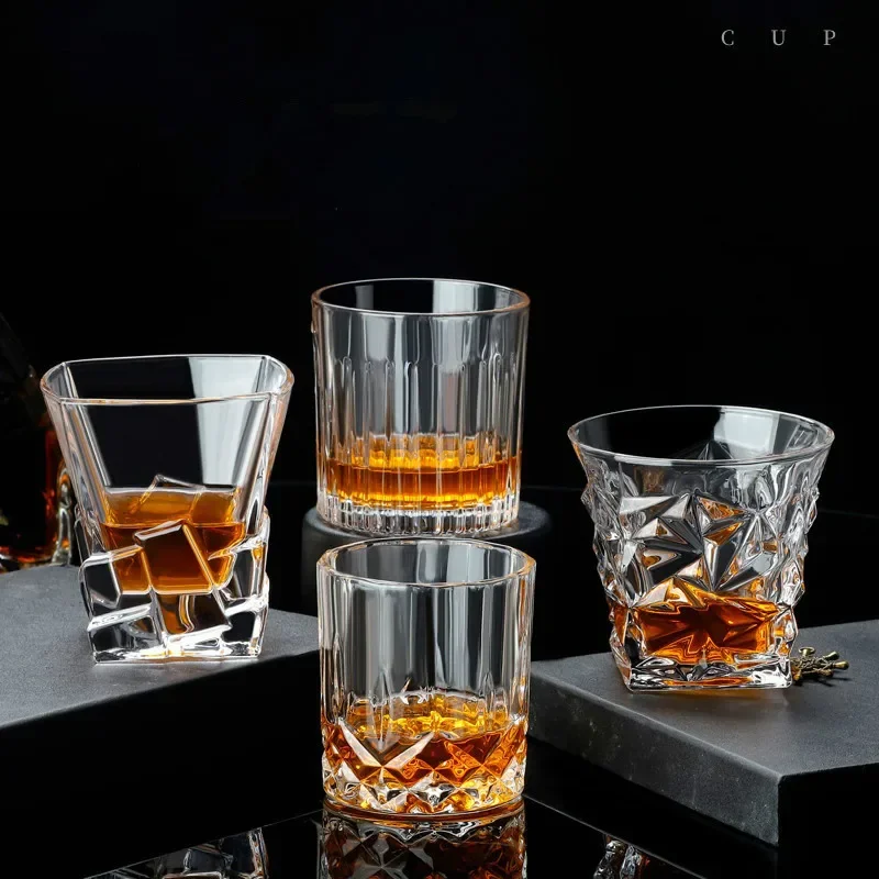 Elegant lead free wine glasses set on a wooden table