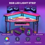 JHK Corner Desk Office Computer Desk for Small Space with LED Lights Gaming Table with Storage Shelves Power Outlets For