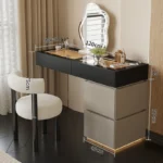 Minimalist modern dressing table with mirror and stool in a bedroom setting with 4 drawers and 4 doors
