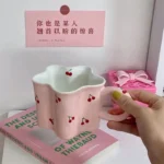 Plum Blossom Cute Girl Ceramic Cup Creative High Value Mug Pink Cherry Water Bottle Children's Breakfast Milk Cups, 320ml