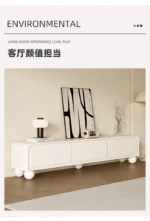 Nordic wood TV stand with drawers in a modern living room corner, featuring clean lines and ample storage