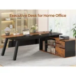 71" Executive Desk with File Cabinet, Large Office Desk with Drawers and Shelves, L Shaped Computer Desk with Power,