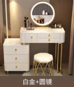 White modern dressing table with mirror and makeup stool - Goldoma furniture