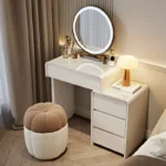 Modern makeup vanity desk with mirror and stool in cream finish - Goldoma