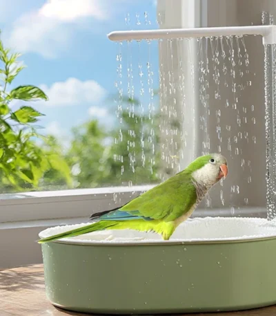 Colorful parrot enjoying a parrot shower bath in a white bird bathtub accessory