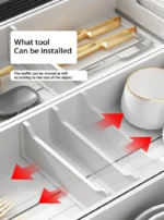 Kitchen drawer organizer with compartments for cutlery and utensils