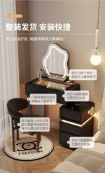 Luxury modern dressing table with mirror and stool in bedroom setting featuring compact vanity with drawers