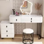 White modern dressing table with mirror and makeup stool - Goldoma furniture