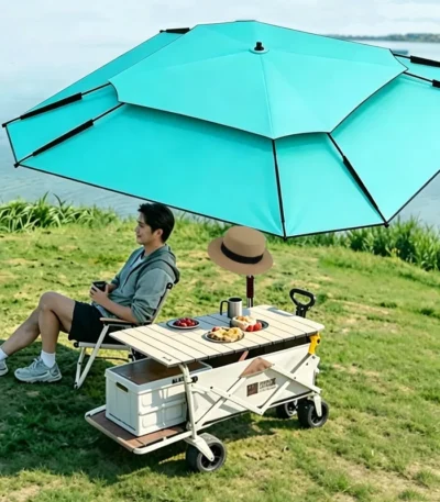 Large beach umbrella with octagonal canopy providing shade on a sunny beach