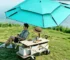 Large beach umbrella with octagonal canopy providing shade on a sunny beach